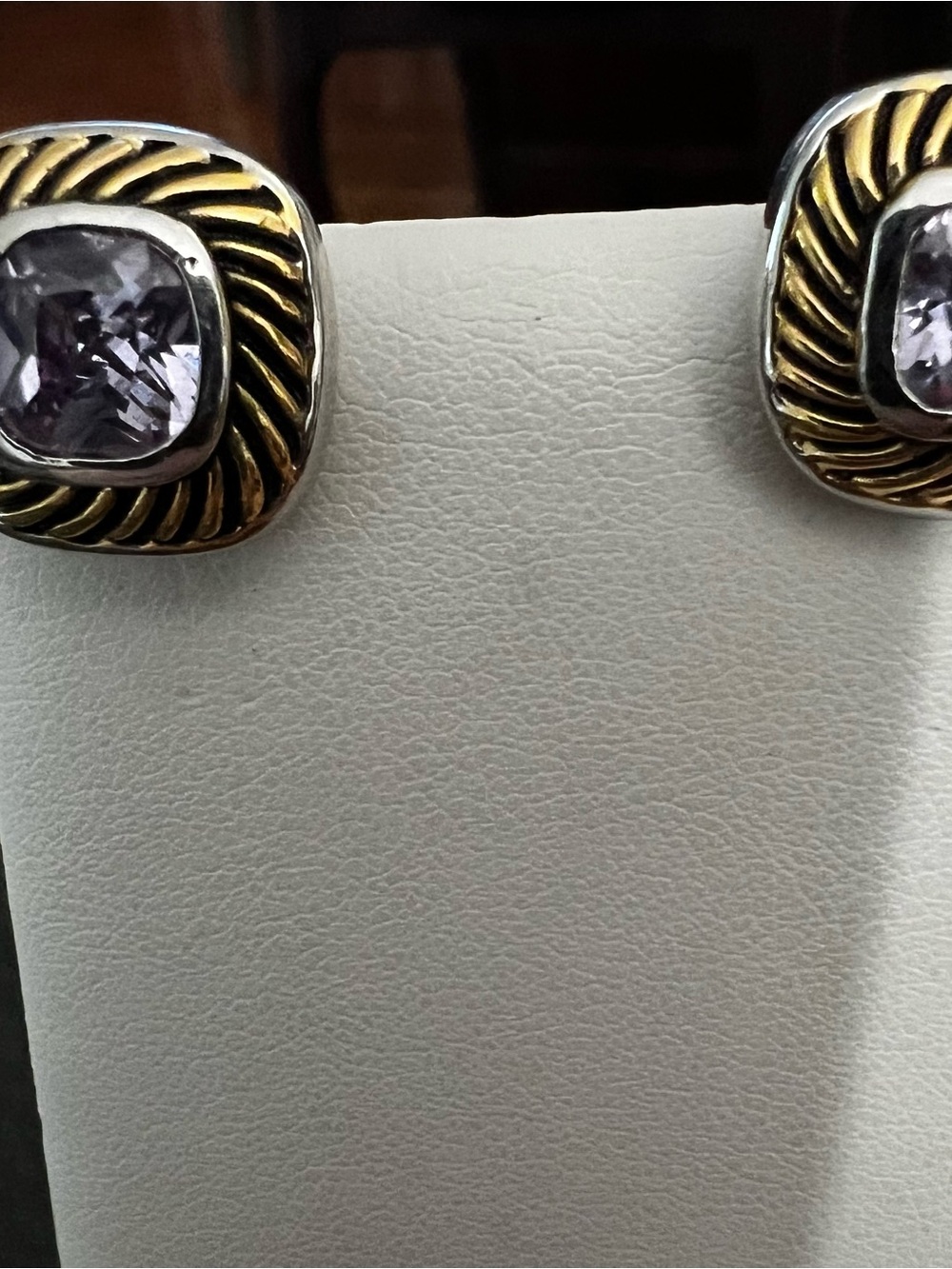 Two-Tone Gold & Silver Stud Earrings with Light Purple Gemstones - Picture 5 of 8
